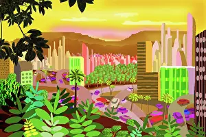 Prints of Outsider art style richly detailed and intimate drawing of colorful city life from a vista point above downtown looking down on highways and futuristic retro style skyscrapers Quirky Art Illustration Prints: Outsider Art retro style futuristic fantasy Cityscape digital Landscape Illustration