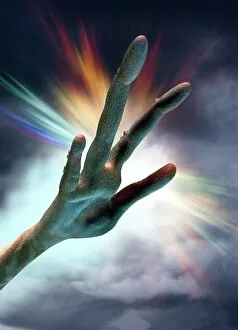 Blue Background Gallery: Outstretched alien hand, artwork