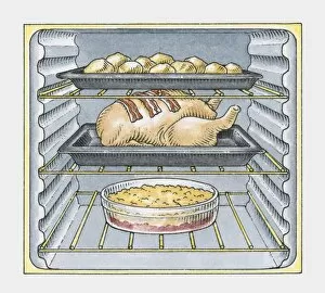 Images Dated 22nd January 2010: Oven filled with trays of roast potatoes, roast chicken, and crumble pudding