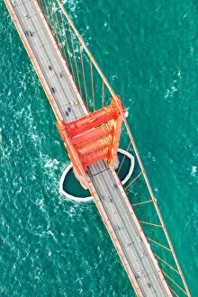 Golden Gate Suspension Bridge Collection: Overhead aerial of Golden gate bridge, San Francisco, USA