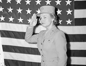 Oveta Culp Hobby Saluting in Front of United States Flag