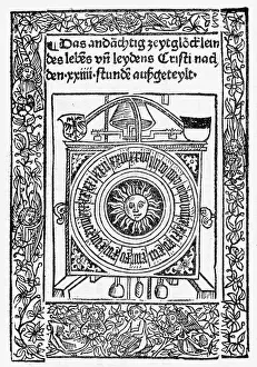 Prints of (Original Caption) 1493-Medieval printed page showing round calendar with sun in the middle. The calendar is enclosed in a box with a bell-type apparatus. German text accompanies the illustration Discover the beauty and mystery of the medieval era: Page Illus Of Round Calendar W/Sun Ctr