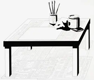 Paintbrush Prints: Paint brushes, jar, cloth and piece of paper on coffee table standing on newspapers spread below