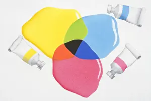 Mixing Prints: Paint in primary colours, red, blue and yellow; colours mixing to produce other colours