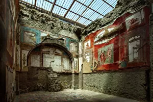 Famous Gallery: Painted Murals And Frescoes Inside A Room At The Ancient Roman Ruins At Herculaneum (Ercolano)