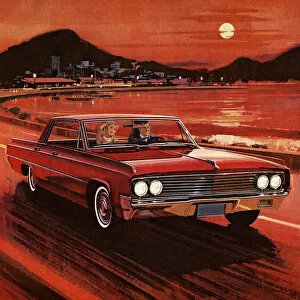 Vintage Car Illustrations Gallery: Painting of couple driving in red vintage car