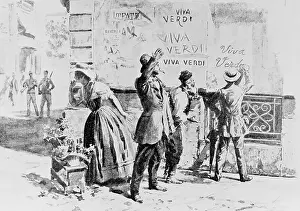 Propaganda Prints: Painting of Italians Writing Viva Verdi on a Wall