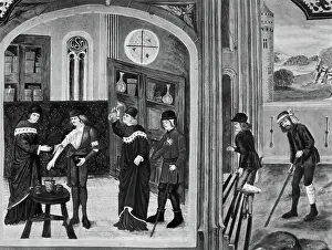 Prints of (Original Caption). Medievel doctor's office. Patients arriving for blood letting and urine analysis from Bartholomaeus Angelious De Proprietatis. French translation by Courbechon, ca. 1480 Discover the beauty and mystery of the medieval era: Painting of Medieval Doctor's Office