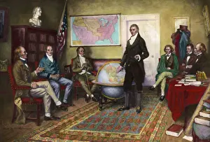 Governor Prints: Painting of Officials Creating Monroe Doctrine by Clyde O. De Land