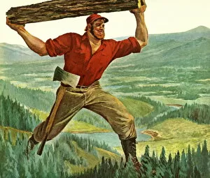 A painting if Paul Bunyan carrying a log above his head