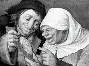 Painting of a Peasant Couple Looking at a Mirror by Jan Massys