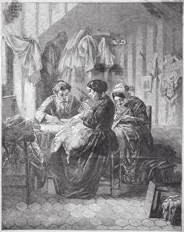 Painting of Three Seamstress Women at Work