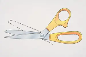 Cutting Prints: Pair of scissors with yellow handles laid over drawn dotted outline of blade