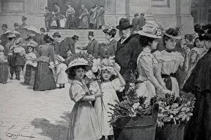Holidays Collection: Palm Sunday in Vienna, Austria, selling consecrated palm branches in front of the church, 1898
