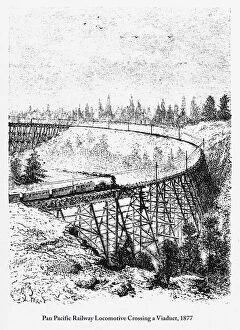 Images Dated 18th July 2017: Pan Pacific Railway Locomotive Crossing a Viaduct Engraving, 1877