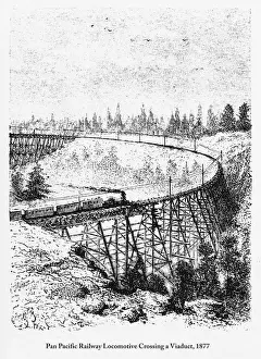 Pan Pacific Railway Locomotive Crossing a Viaduct Engraving, 1877
