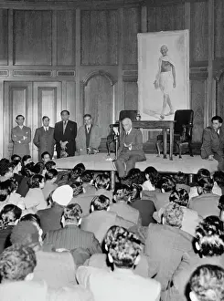 Prints of (Original Caption) Mahatma Gandhi Through the Lens: Pandit Nehru Sitting on Stage While Lecturing