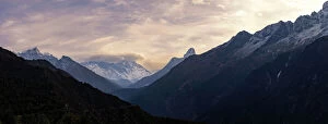 Mountain Peak Gallery: Panorama of the top of Himalayan mountain range with sunrise
