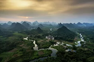 Mountain Peak Collection: Panorama of Karst Mountain Range and Li River in Guilin, China