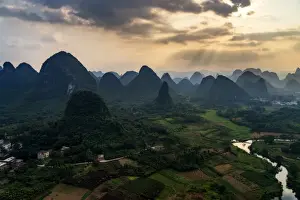 Limestone Prints: Panorama of Karst Mountain Range and Li River in Guilin, China