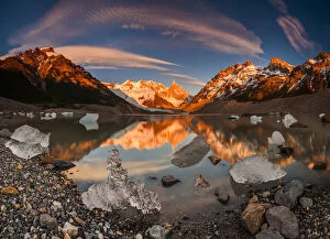 South America Gallery: Panorama of sunrise at Cerro Torre with ice floes