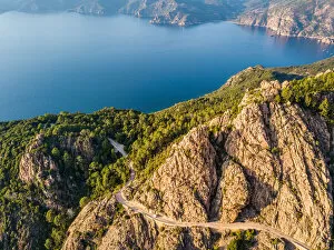 Aerial Collection: Panoramic aerial view of Calanches de Piana coastline, Western Corsica Island, France
