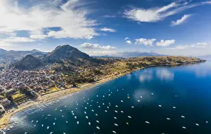 Panoramic aerial view of Titicaca lake and Copacabana city. Bolivia