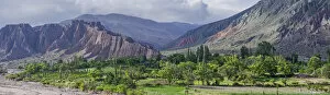 Panoramic, lush vegetation at the Purmamarca river, behind Cerro de los Siete Colores or Hill of Seven Colors in