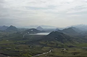 Panoramic mountain landscape at Alftavatn lake, Laugavegur trekking route, Highlands, Sudurland, Iceland