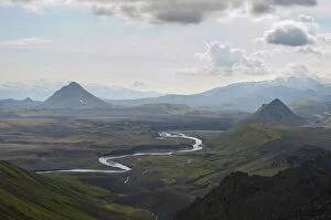 Panoramic mountain landscape near Alftavatn lake with a wild river, view from Bratthals Mountain