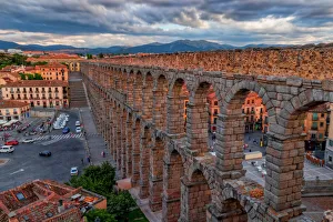 Horizon Over Land Collection: Panoramic view of Aqueduct of Segovia illuminated by the setting sun, Spain