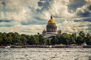 Panoramic view of Saint Isaacs Cathedral in green Saint Petersburg city, Russia