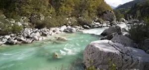 Images Dated 20th October 2011: Panoramic view of turquoise Soca river, Soca Valley near Bovec, Triglav National Park, Slovenia