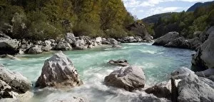 Panoramic view of turquoise Soca river, Soca Valley near Bovec, Triglav National Park, Slovenia, Europe
