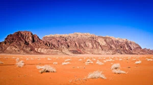 Images Dated 28th January 2016: Panoramic view of Wadi Rum from a hilltop with clear blue sky background