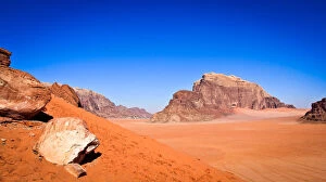 Images Dated 28th January 2016: Panoramic view of Wadi Rum with sand dunes in forefront