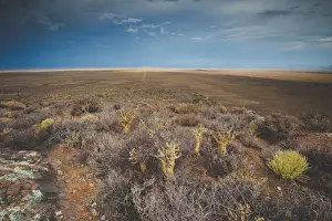 Panoramic views over the Tankwa Karoo Desert with dramatic thunderclouds in the sky