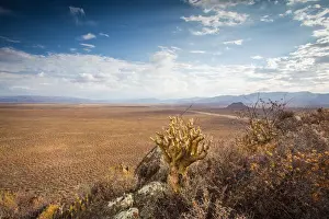 Panoramic views over the Tankwa Karoo Desert with dramatic thunderclouds in the sky