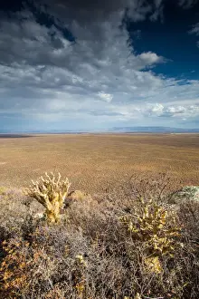 Panoramic views over the Tankwa Karoo Desert with dramatic thunderclouds in the sky