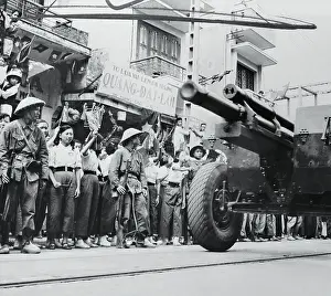 Hanoi Prints: Parade of People and Tank on Street