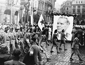 Yugoslav Prints: Parade, Women March Past Huge Portrait
