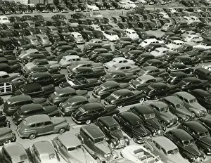 Parked Prints: Parking full of cars, (B&W), (elevated view