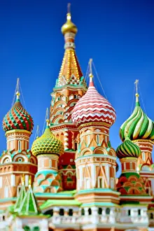 Museum Prints: Partly focused St. Basils Cathedral and blue sky