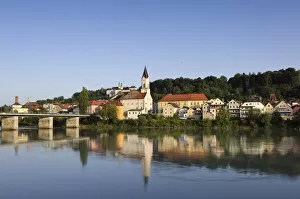 Passau, view over the Inn River towards Innstadt with the Church of St. Gertraud and Mariahilf, Marienbruecke bridge