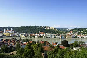 Passau, view over the Inn River with St. Stephens Cathedral, Church of St