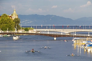 Images Dated 4th July 2013: Passenger ship and rowing boats on the Rhine River, looking towards Obersee lake