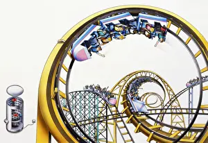 Passengers upside down in coaster cars on roller coaster ride in amusement park