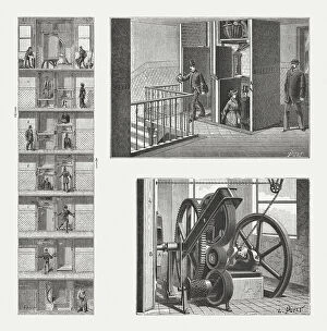 Square Gallery: Paternoster lift, usage and drive wheels, wood engravings, published 1888