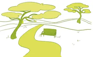 Benches Prints: Path winding its way past bench and two trees and disappearing into distance