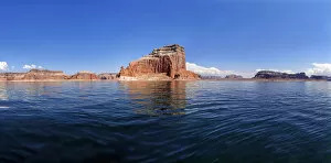 Images Dated 30th August 2012: Patre Butte, rock formations, red Navajo Sandstone cliffs rising from Lake Powell, Page, Arizona